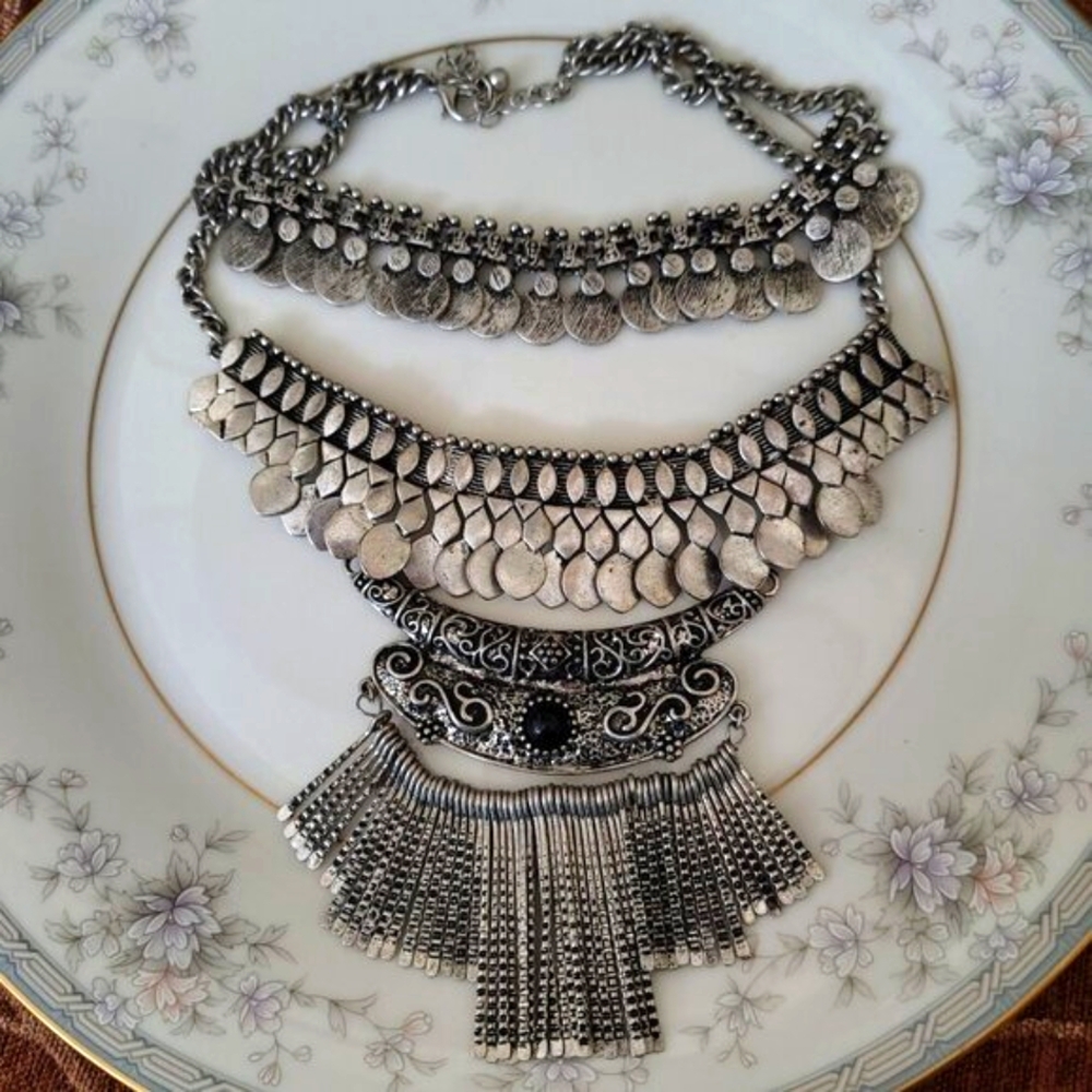 H+M Chunky Thick Heavy Silver-Tone Metal Necklace 2 Stranded Choker